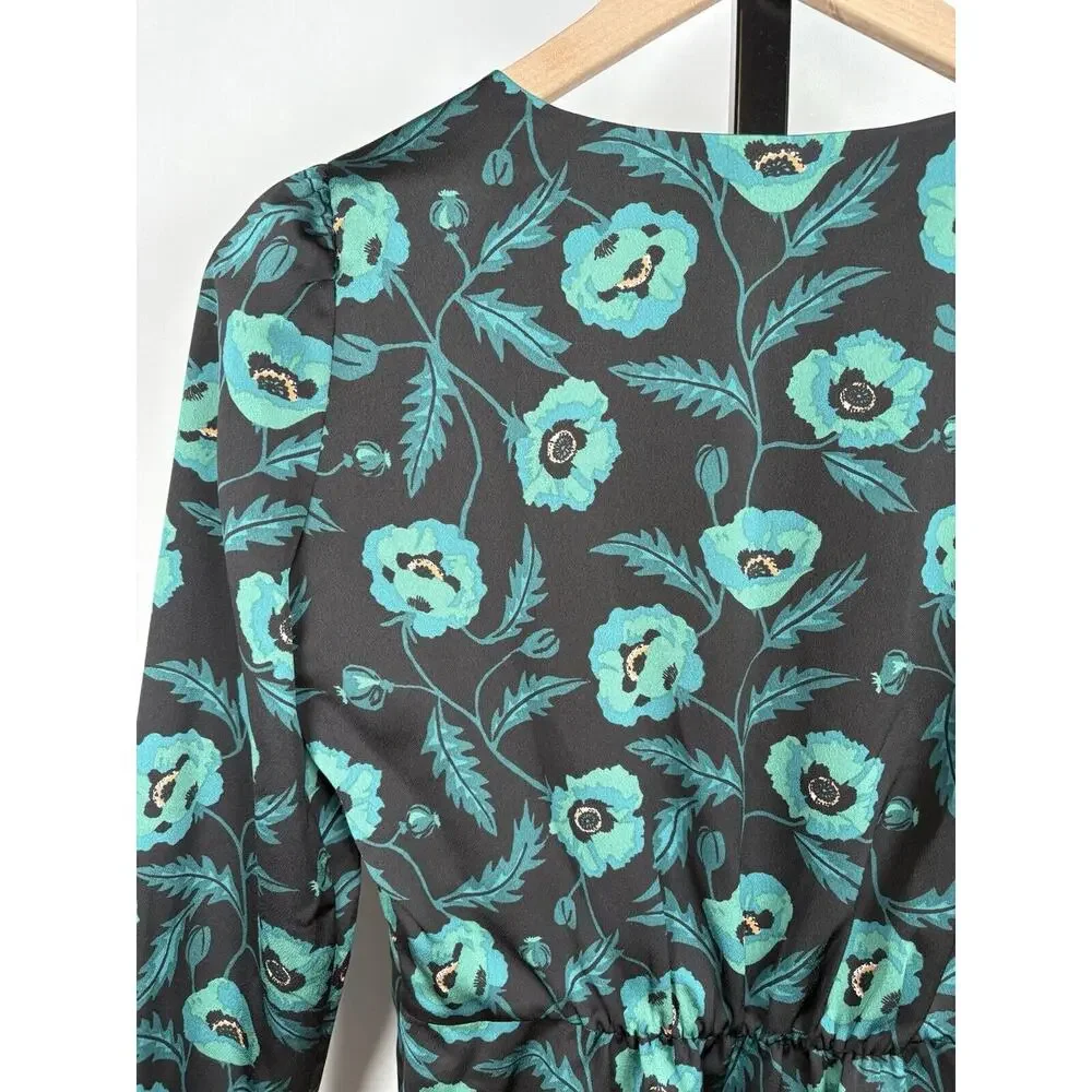 J. Crew Satin Back Crepe Button-front Blouse 0 Black Green Floral V-Neck NWT - Picture 9 of 12